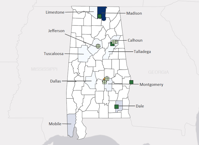 Map presenting top defense contract spending locations within the state of Alabama with an overlay showing the positions of key military installations differentiated by service and active/reserve affiliation.