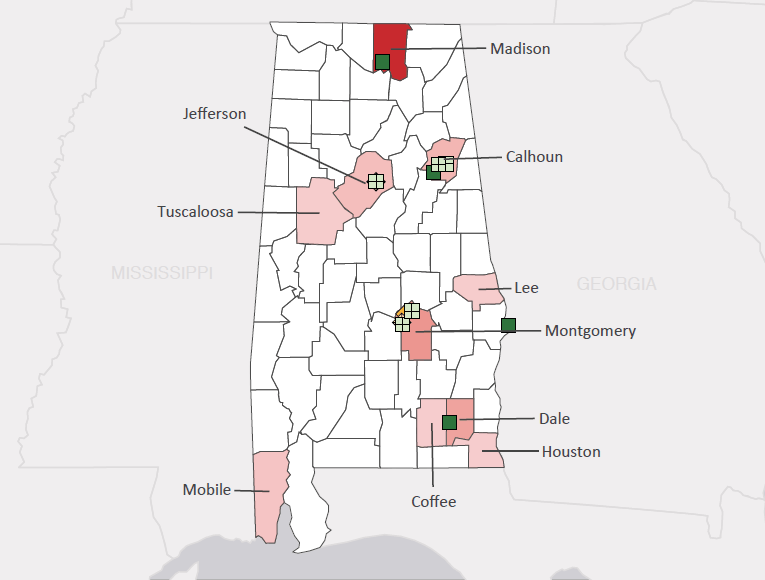 Map presenting top defense personnel spending locations within the state of Alabama with an overlay showing the positions of key military installations differentiated by service and active/reserve affiliation.