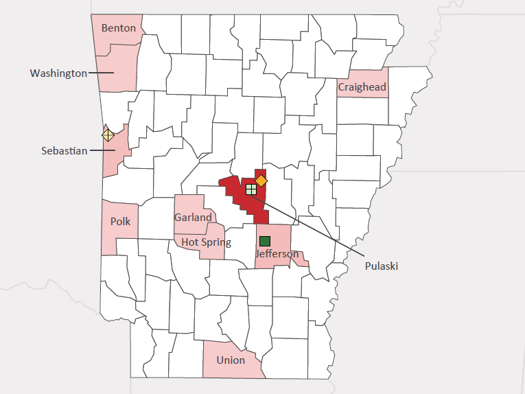 Map presenting top defense personnel spending locations within the state of Arkansas with an overlay showing the positions of key military installations differentiated by service and active/reserve affiliation.