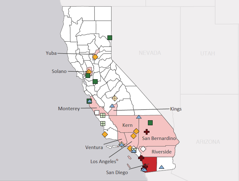 Map presenting top defense personnel spending locations within the state of California with an overlay showing the positions of key military installations differentiated by service and active/reserve affiliation.