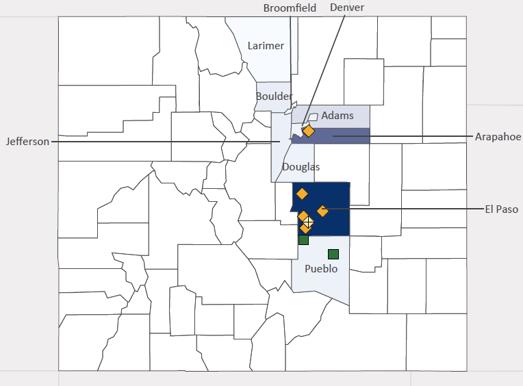 Map presenting top defense contract spending locations within the state of Colorado with an overlay showing the positions of key military installations differentiated by service and active/reserve affiliation.