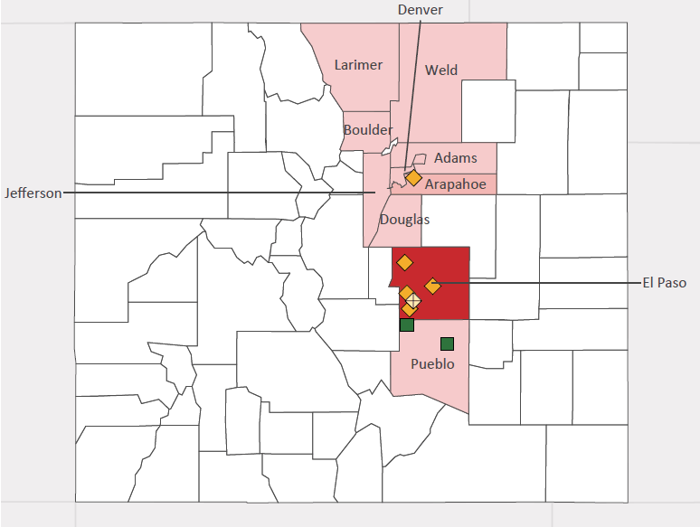 Map presenting top defense personnel spending locations within the state of Colorado with an overlay showing the positions of key military installations differentiated by service and active/reserve affiliation.