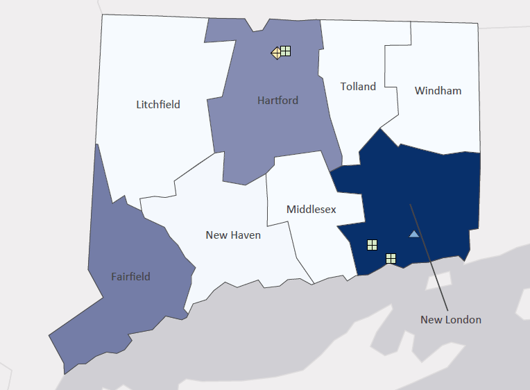 Map presenting top defense contract spending locations within the state of Connecticut with an overlay showing the positions of key military installations differentiated by service and active/reserve affiliation.