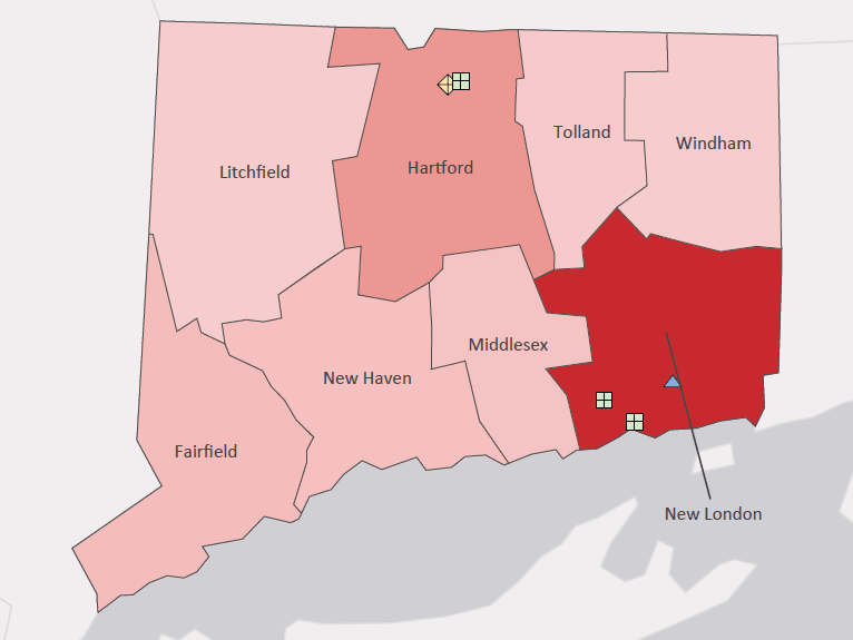 Map presenting top defense personnel spending locations within the state of Connecticut with an overlay showing the positions of key military installations differentiated by service and active/reserve affiliation.