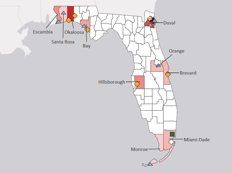 Map presenting top defense personnel spending locations within the state of Florida with an overlay showing the positions of key military installations differentiated by service and active/reserve affiliation.