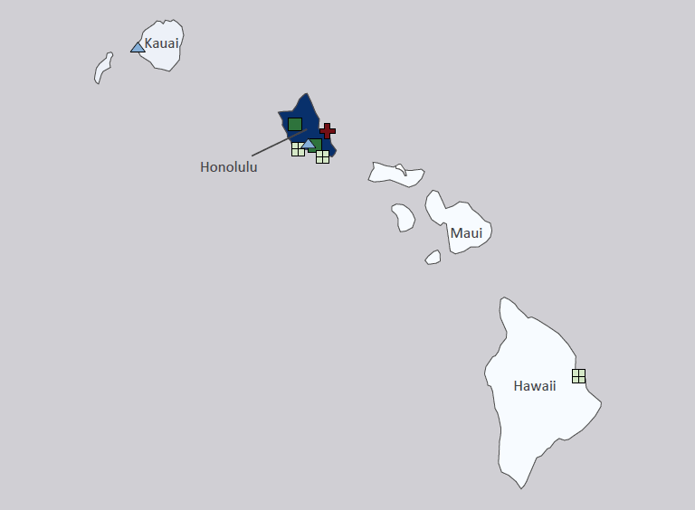 Map presenting top defense contract spending locations within the state of Hawaii with an overlay showing the positions of key military installations differentiated by service and active/reserve affiliation.