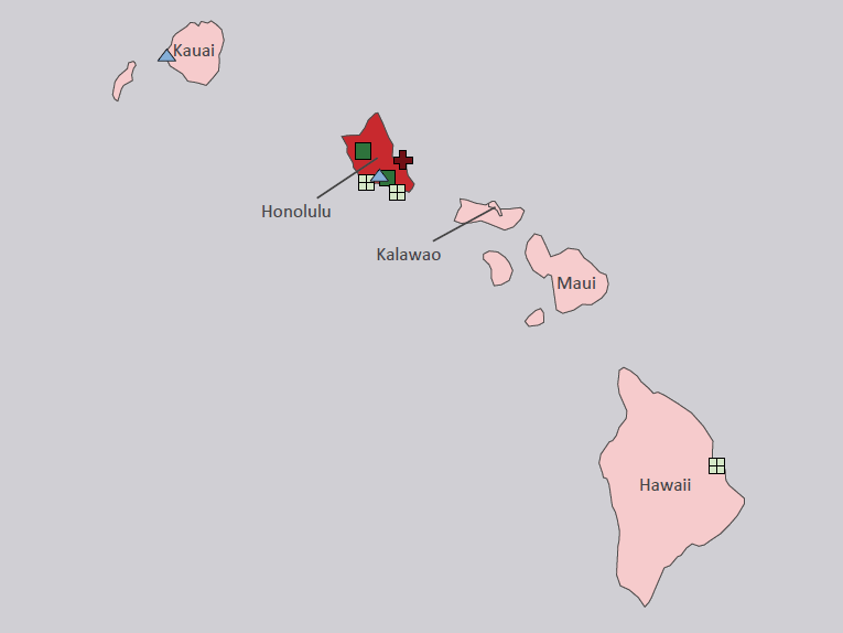 Map presenting top defense personnel spending locations within the state of Hawaii with an overlay showing the positions of key military installations differentiated by service and active/reserve affiliation.