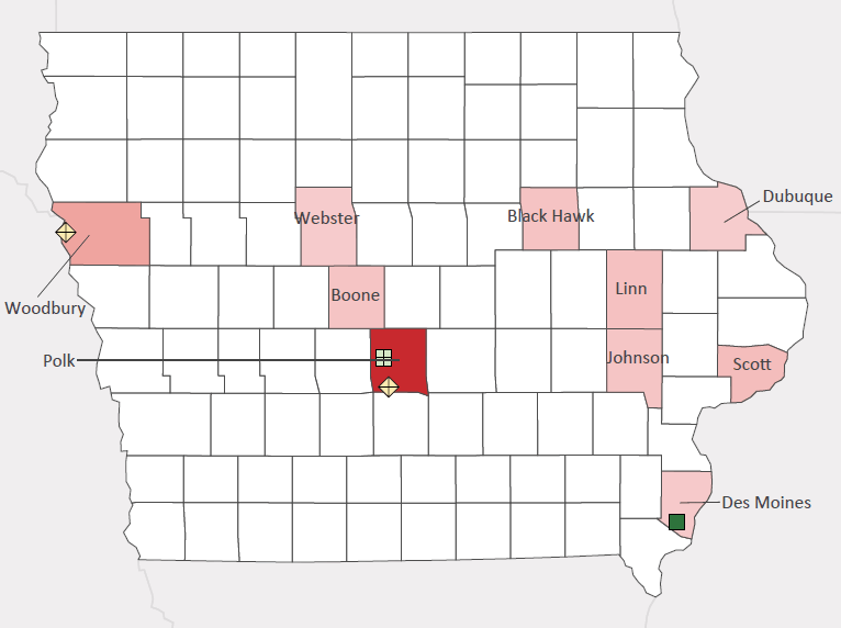 Map presenting top defense personnel spending locations within the state of Iowa with an overlay showing the positions of key military installations differentiated by service and active/reserve affiliation.