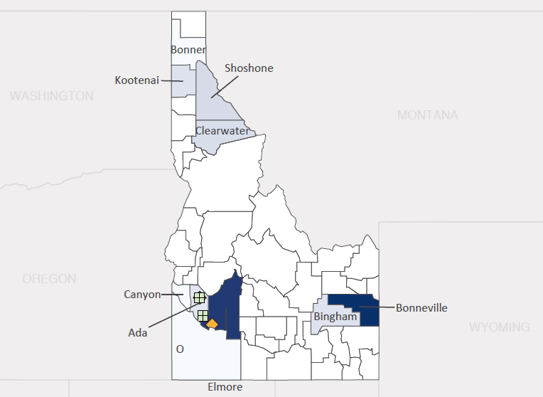 Map presenting top defense contract spending locations within the state of Idaho with an overlay showing the positions of key military installations differentiated by service and active/reserve affiliation.