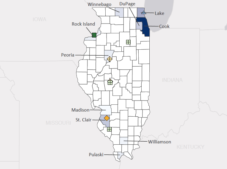 Map presenting top defense contract spending locations within the state of Illinois with an overlay showing the positions of key military installations differentiated by service and active/reserve affiliation.
