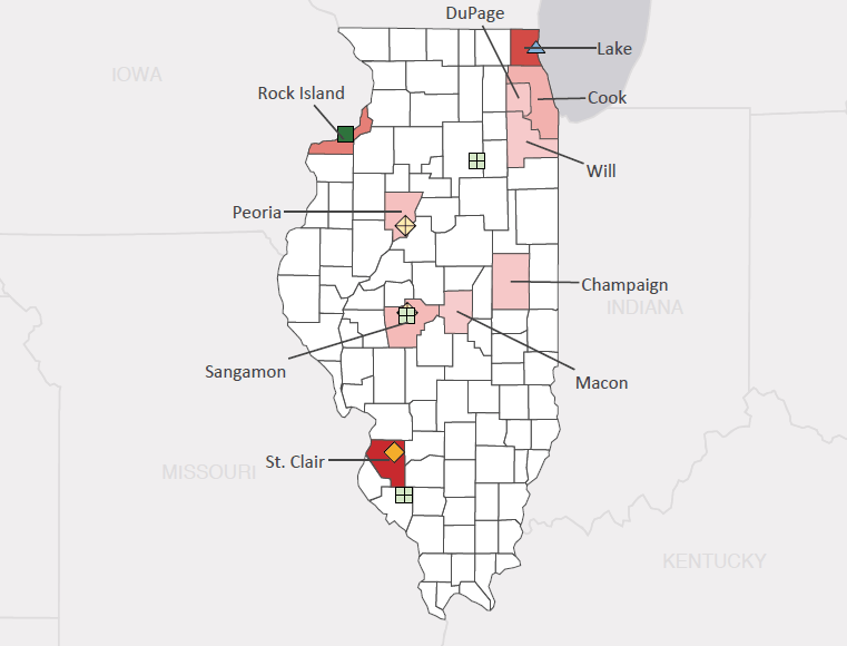 Map presenting top defense personnel spending locations within the state of Illinois with an overlay showing the positions of key military installations differentiated by service and active/reserve affiliation.