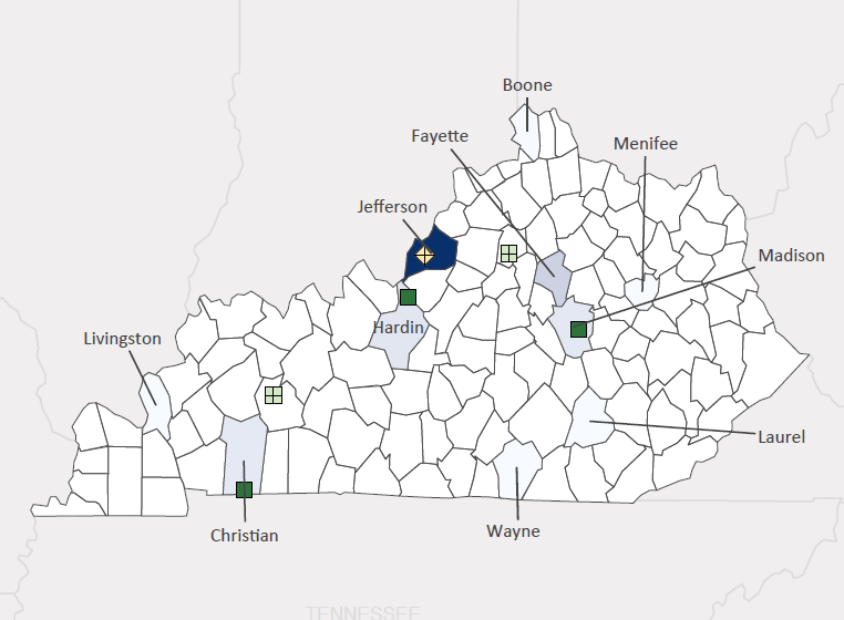 Map presenting top defense contract spending locations within the state of Kentucky with an overlay showing the positions of key military installations differentiated by service and active/reserve affiliation.