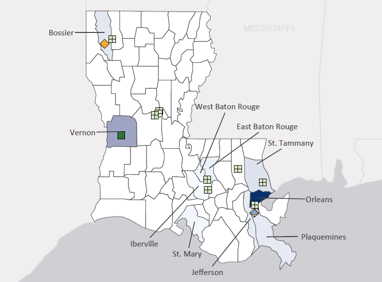 Map presenting top defense contract spending locations within the state of Louisiana with an overlay showing the positions of key military installations differentiated by service and active/reserve affiliation.