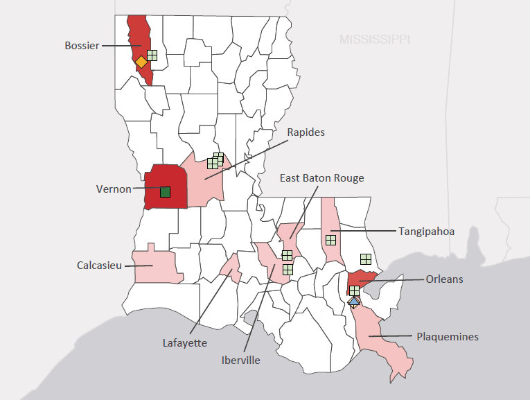 Map presenting top defense personnel spending locations within the state of Louisiana with an overlay showing the positions of key military installations differentiated by service and active/reserve affiliation.