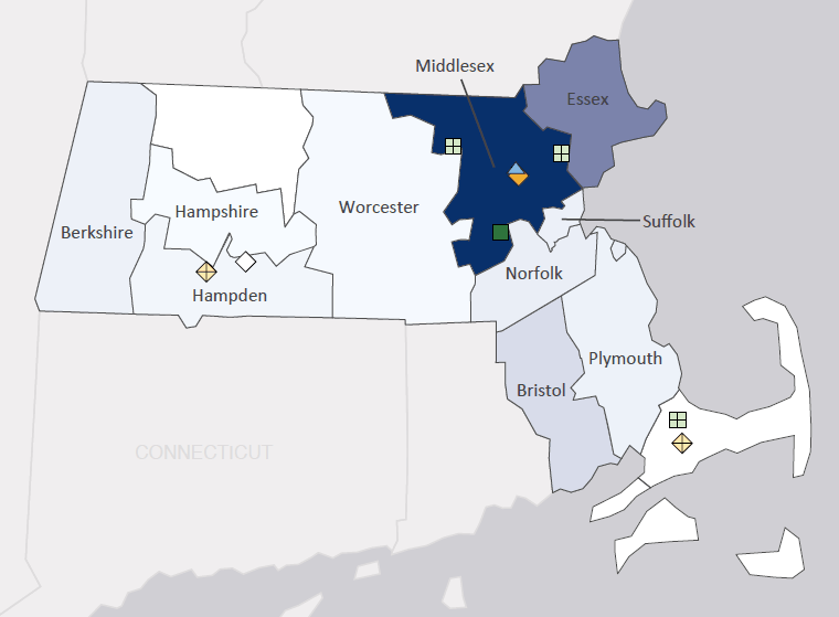 Map presenting top defense contract spending locations within the state of Massachusetts with an overlay showing the positions of key military installations differentiated by service and active/reserve affiliation.