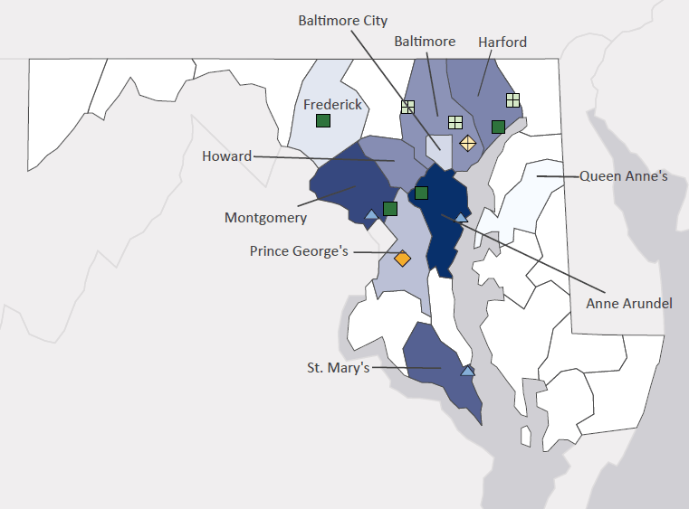 Map presenting top defense contract spending locations within the state of Maryland with an overlay showing the positions of key military installations differentiated by service and active/reserve affiliation.