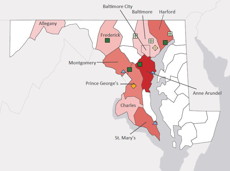 Map presenting top defense personnel spending locations within the state of Maryland with an overlay showing the positions of key military installations differentiated by service and active/reserve affiliation.