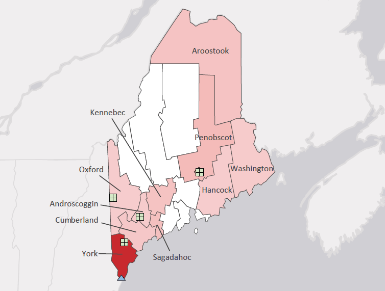 Map presenting top defense personnel spending locations within the state of Maine with an overlay showing the positions of key military installations differentiated by service and active/reserve affiliation.