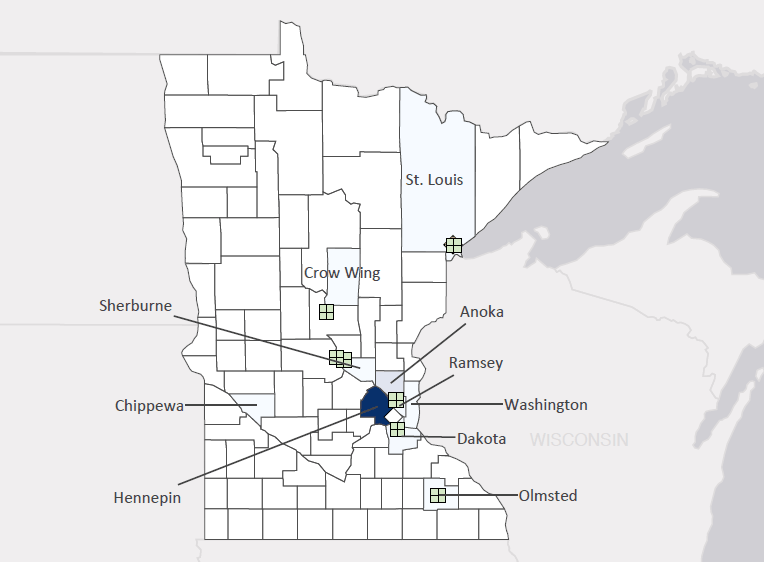 Map presenting top defense contract spending locations within the state of Minnesota with an overlay showing the positions of key military installations differentiated by service and active/reserve affiliation.