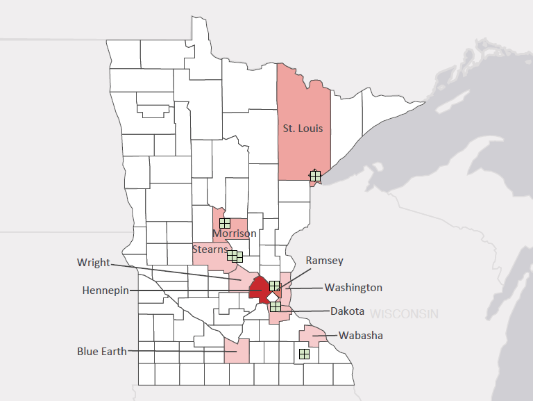 Map presenting top defense personnel spending locations within the state of Minnesota with an overlay showing the positions of key military installations differentiated by service and active/reserve affiliation.