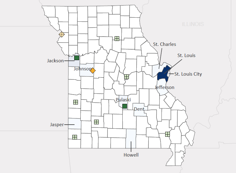 Map presenting top defense contract spending locations within the state of Missouri with an overlay showing the positions of key military installations differentiated by service and active/reserve affiliation.