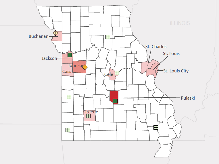 Map presenting top defense personnel spending locations within the state of Missouri with an overlay showing the positions of key military installations differentiated by service and active/reserve affiliation.