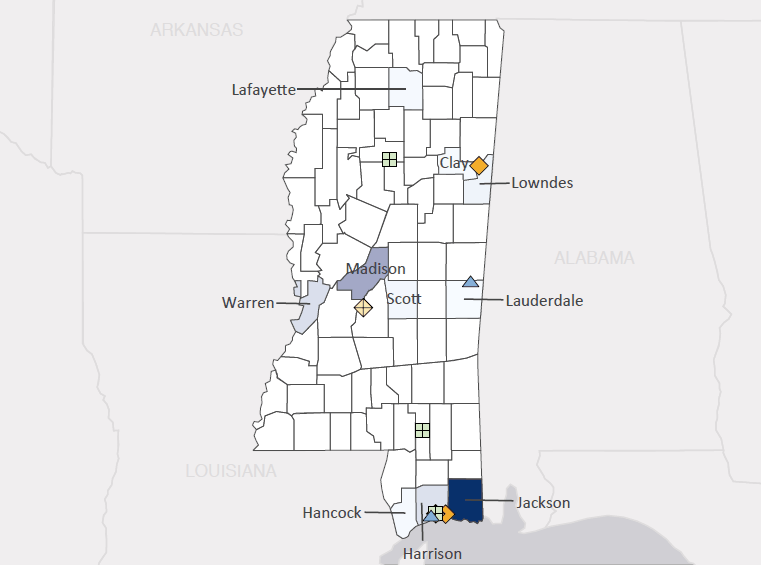 Map presenting top defense contract spending locations within the state of Mississippi with an overlay showing the positions of key military installations differentiated by service and active/reserve affiliation.