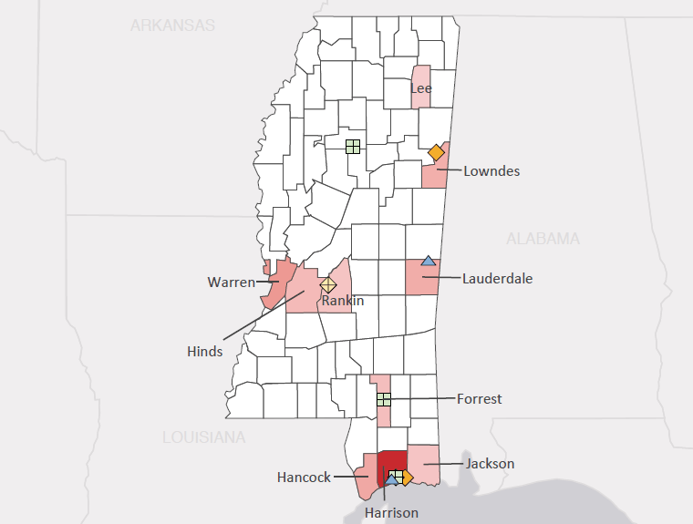 Map presenting top defense personnel spending locations within the state of Mississippi with an overlay showing the positions of key military installations differentiated by service and active/reserve affiliation.
