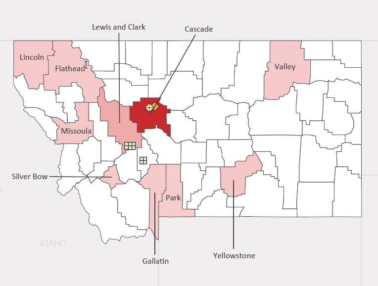 Map presenting top defense personnel spending locations within the state of Montana with an overlay showing the positions of key military installations differentiated by service and active/reserve affiliation.