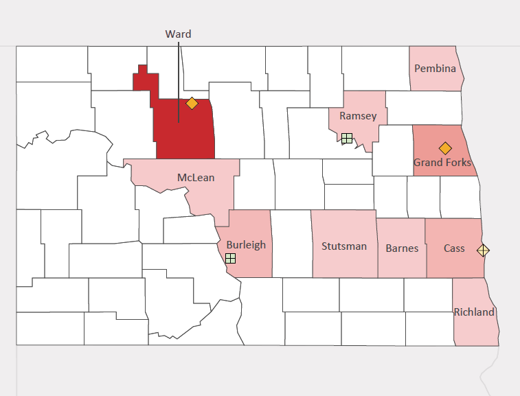 Map presenting top defense personnel spending locations within the state of North Dakota with an overlay showing the positions of key military installations differentiated by service and active/reserve affiliation.