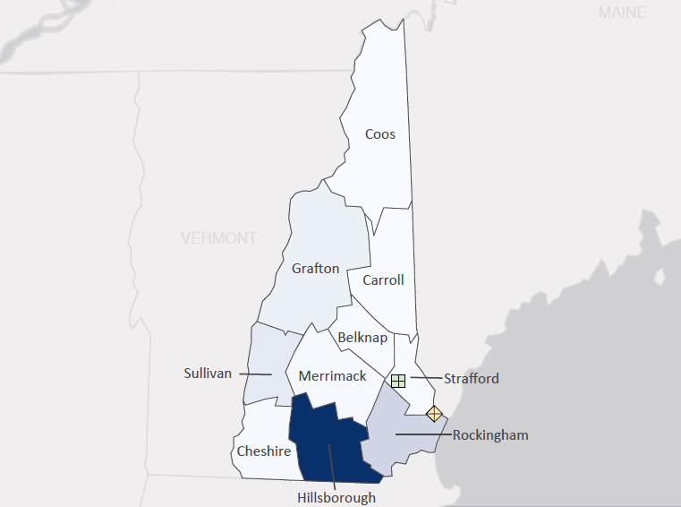 Map presenting top defense contract spending locations within the state of New Hampshire with an overlay showing the positions of key military installations differentiated by service and active/reserve affiliation.