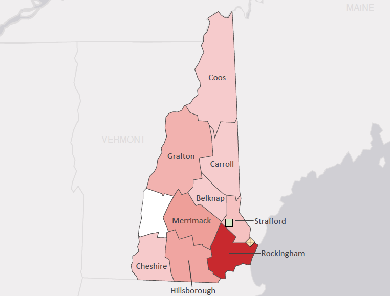 Map presenting top defense personnel spending locations within the state of New Hampshire with an overlay showing the positions of key military installations differentiated by service and active/reserve affiliation.