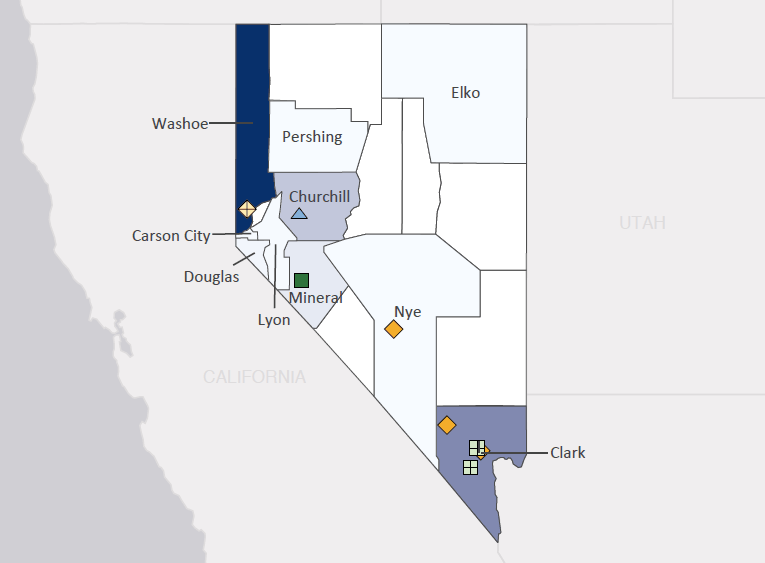 Map presenting top defense contract spending locations within the state of Nevada with an overlay showing the positions of key military installations differentiated by service and active/reserve affiliation.