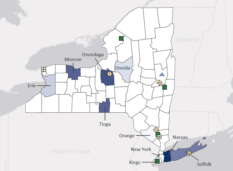Map presenting top defense contract spending locations within the state of New York with an overlay showing the positions of key military installations differentiated by service and active/reserve affiliation.