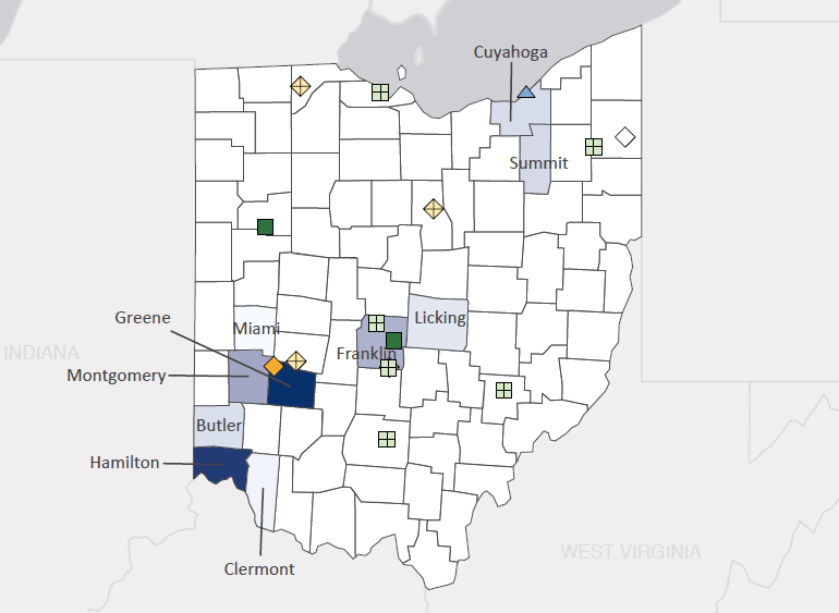 Map presenting top defense contract spending locations within the state of Ohio with an overlay showing the positions of key military installations differentiated by service and active/reserve affiliation.