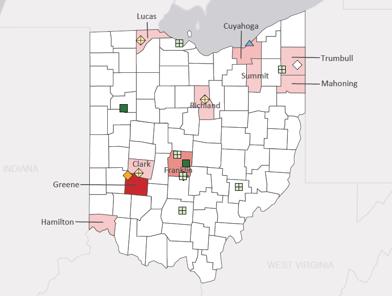 Map presenting top defense personnel spending locations within the state of Ohio with an overlay showing the positions of key military installations differentiated by service and active/reserve affiliation.