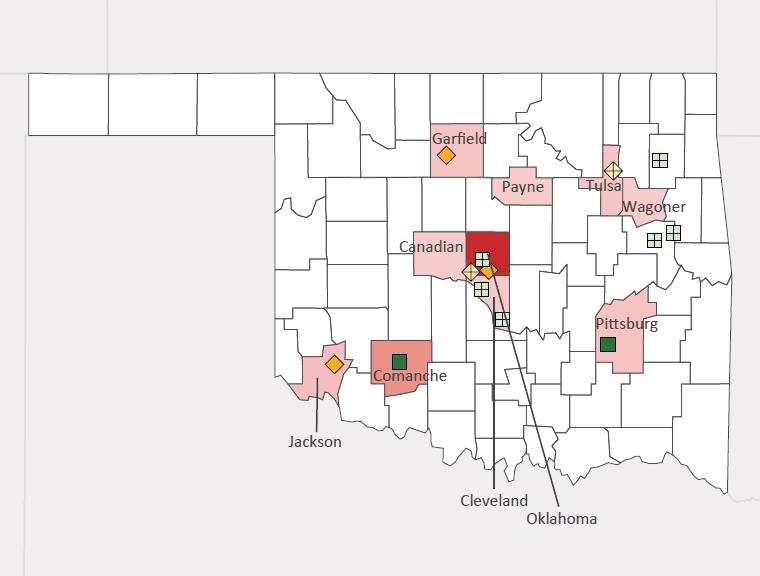 Map presenting top defense personnel spending locations within the state of Oklahoma with an overlay showing the positions of key military installations differentiated by service and active/reserve affiliation.