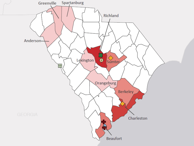 Map presenting top defense personnel spending locations within the state of South Carolina with an overlay showing the positions of key military installations differentiated by service and active/reserve affiliation.