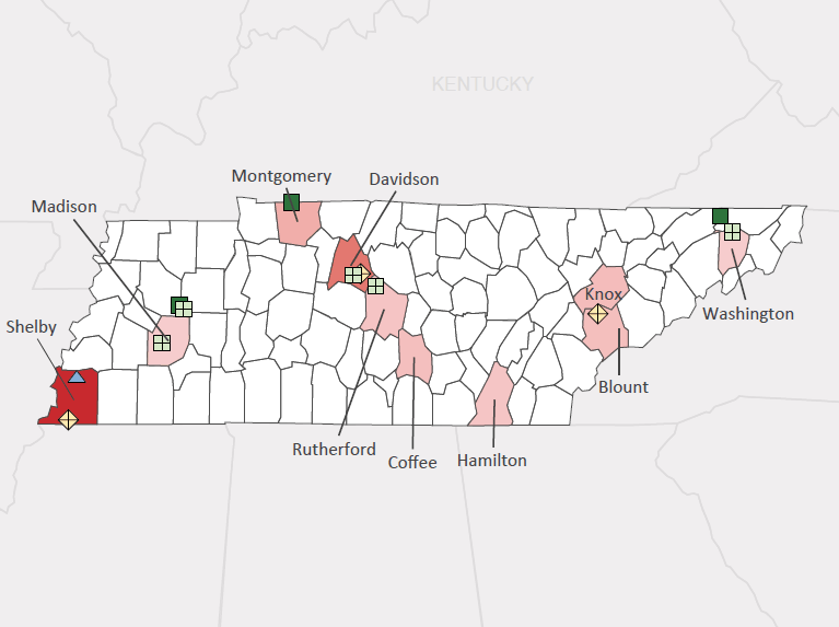 Map presenting top defense personnel spending locations within the state of Tennessee with an overlay showing the positions of key military installations differentiated by service and active/reserve affiliation.