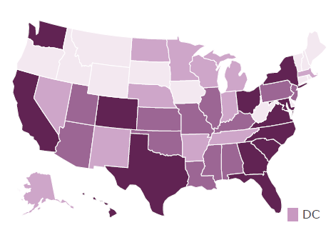 Choropleth map presenting distribution of contract spending across the 50 states and the District of Columbia.