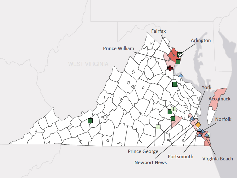 Map presenting top defense personnel spending locations within the state of Virginia with an overlay showing the positions of key military installations differentiated by service and active/reserve affiliation.