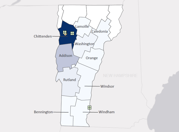Map presenting top defense contract spending locations within the state of Vermont with an overlay showing the positions of key military installations differentiated by service and active/reserve affiliation.