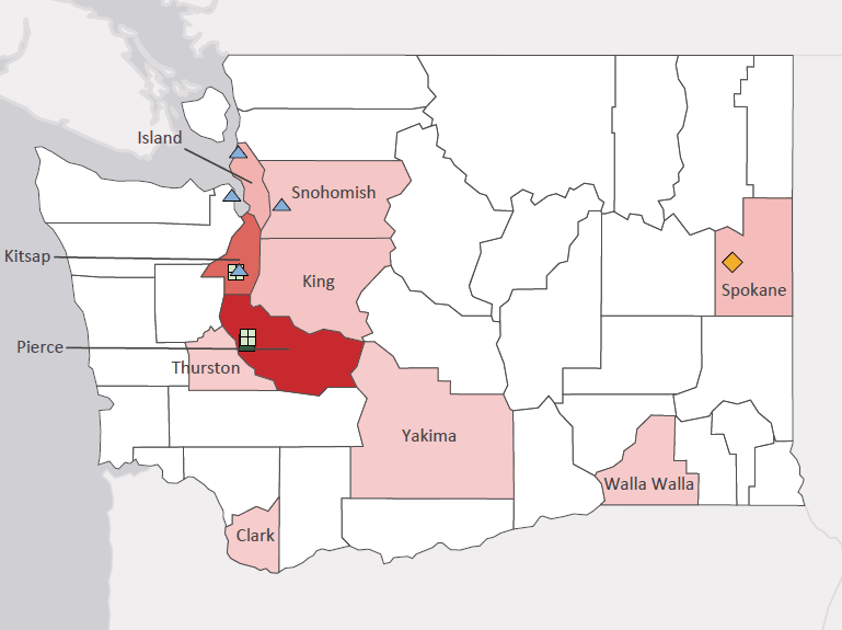 Map presenting top defense personnel spending locations within the state of Washington with an overlay showing the positions of key military installations differentiated by service and active/reserve affiliation.