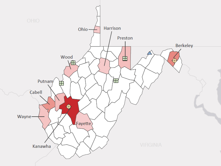Map presenting top defense personnel spending locations within the state of West Virginia with an overlay showing the positions of key military installations differentiated by service and active/reserve affiliation.
